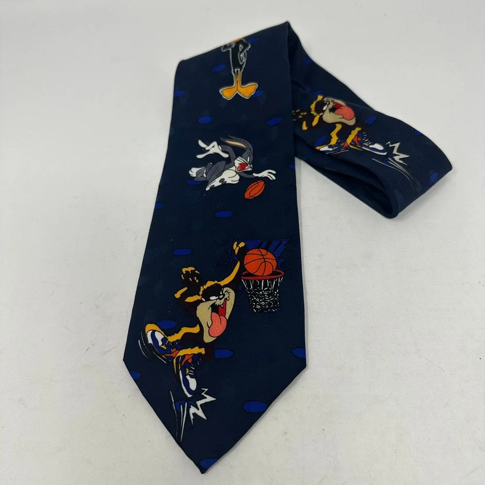 Looney Tunes Necktie Men Navy Mania Basketball Bugs Daffy Taz 1994 Vintage